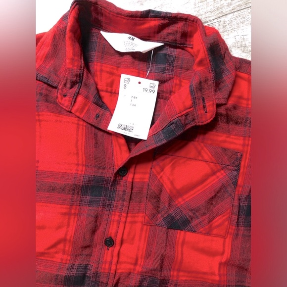 H & M Button Down Red & Black Plaid Flannel Boys Size 7 New With Tags - Picture 3 of 6